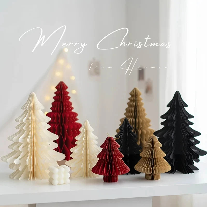 2pcs/set Paper Honeycomb Ball Mini Christmas Tree Fun Christmas Ornaments Handmade Origami Xmas Tree Model DIY Home Decor Crafts