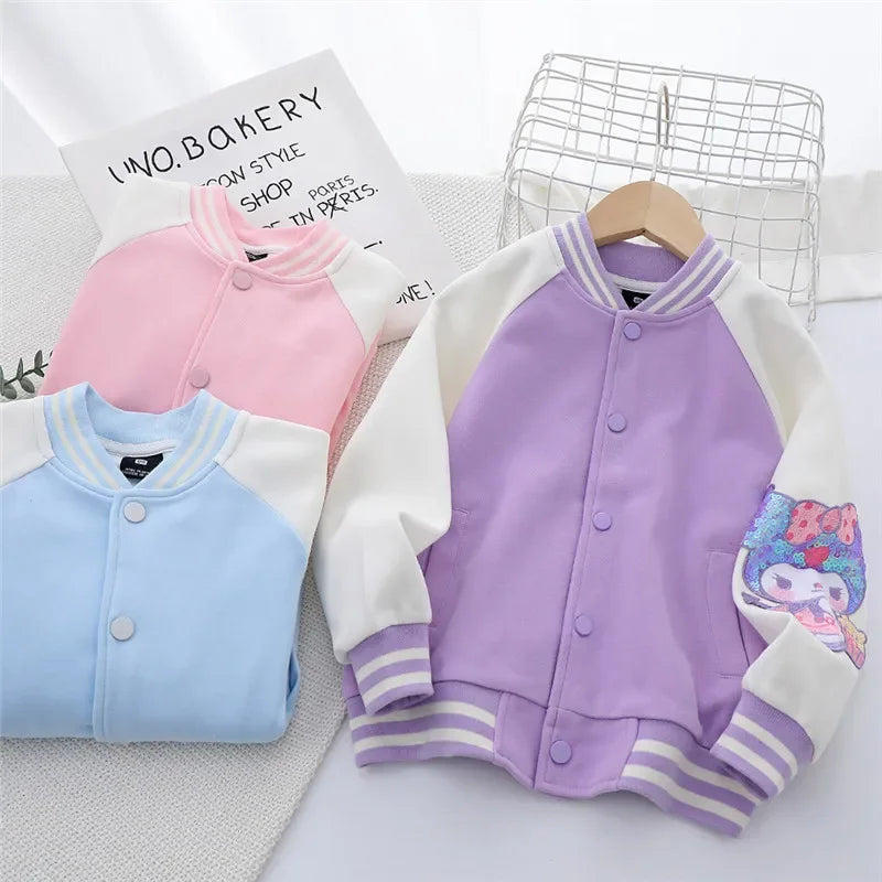 Sanrios Kids Kuromi Baseball Uniform Spring Autumn Coat Cinnamoroll Cute Cardigan Jacket Cartoon Tops My Melody Anime Girl Gift