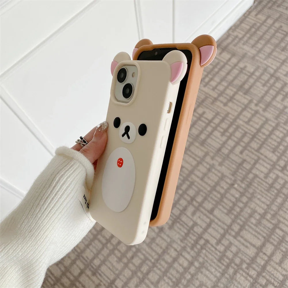 Cartoon Cute 3D Pink Ears Big Mouth Bear Silicone Soft Case for IPhone 12 13 14 15 Pro Max 11 15Pro 14Pro IPones i15 Back Cover