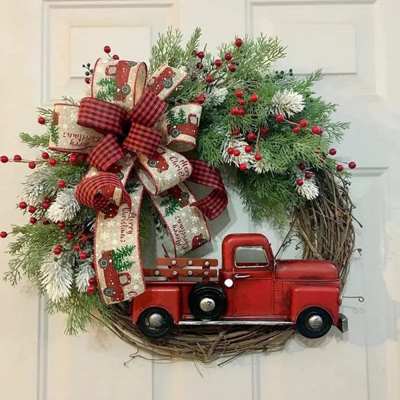 Artificial Christmas Wreath Plant Rattan Red Truck Rustic Fall Front Door Round Garland Simulation Berries Festive Home Decor