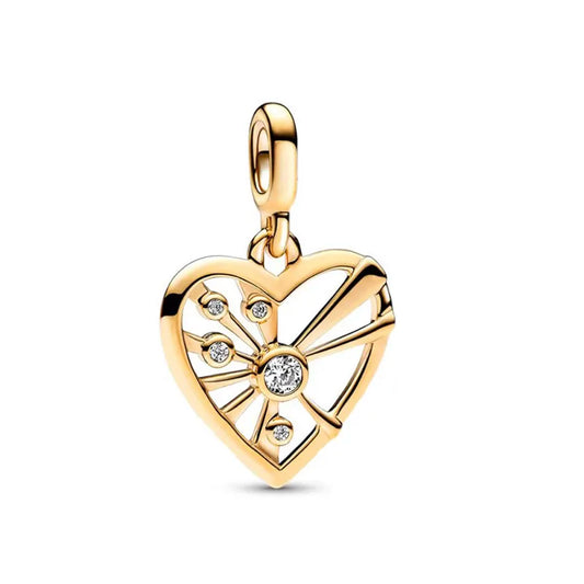 18K Gold Plated 925 Silver Pavé Double Styling Link Heart Four-leaf Clover Dangle Me Charm Fit Me Link Bracelet Jewelry DIY