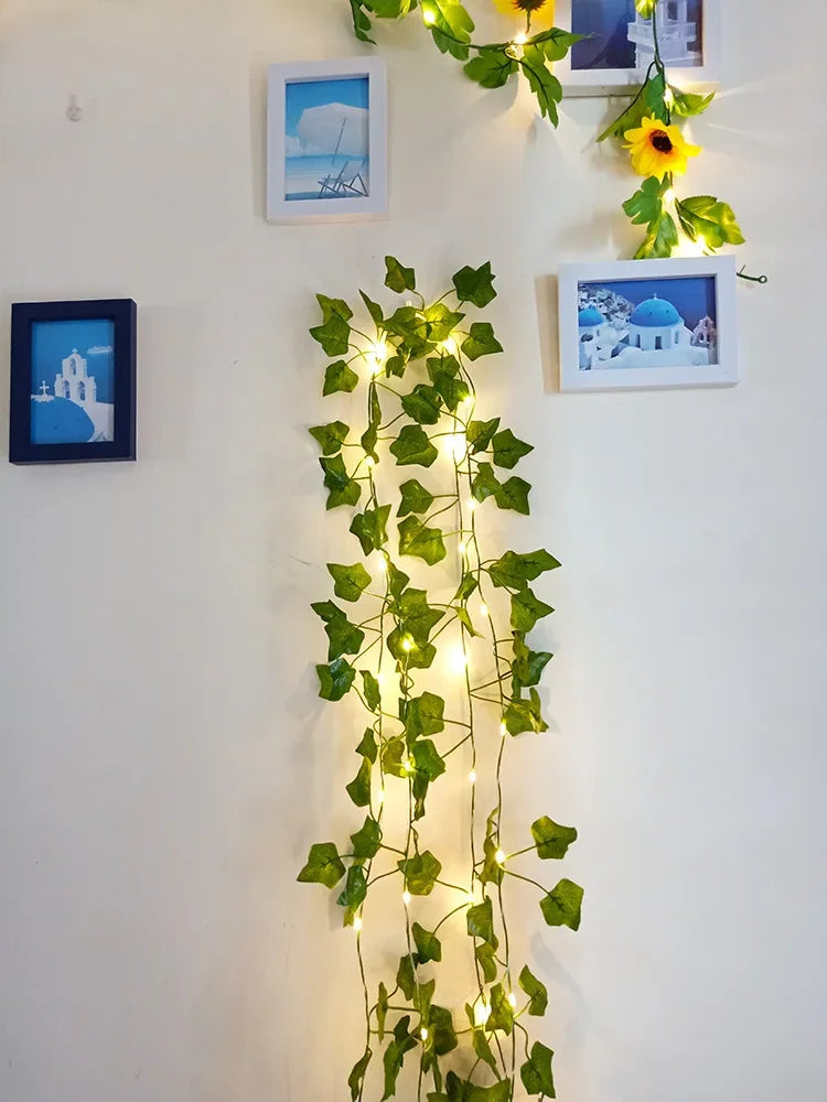 2Meter Green Leaf Ivy Vine with LED Lights String for Home Bedroom Decor Wedding Glowing Artifical Plant Garland Home Decor