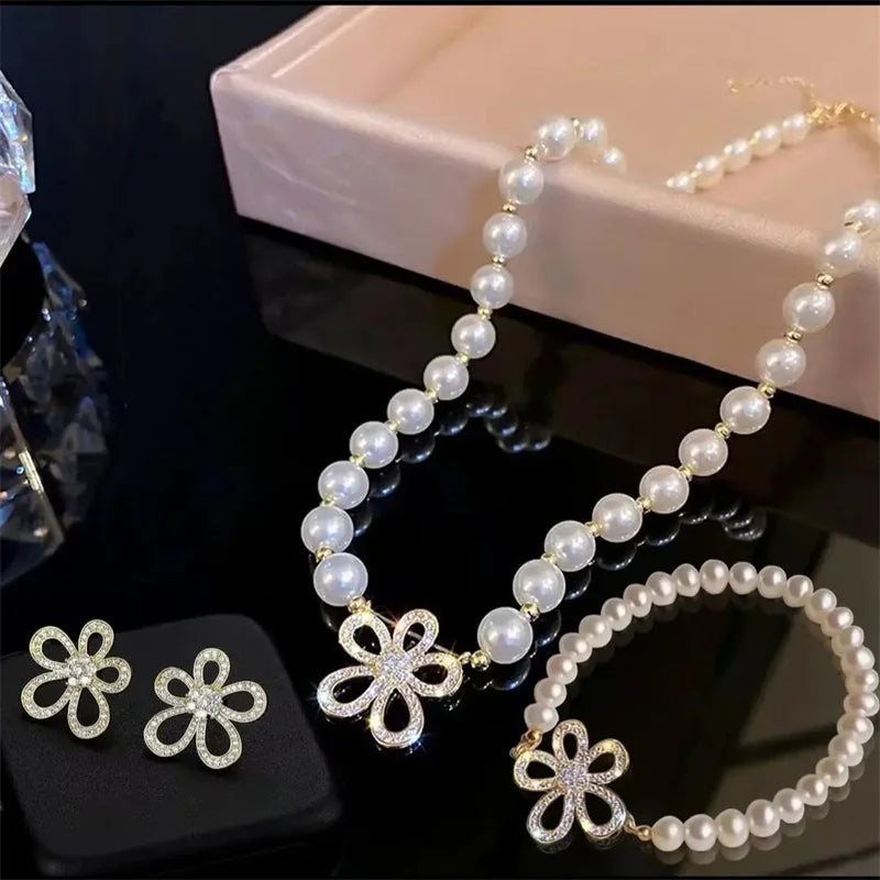 Elegant Fashion Flower Pearl Jewelry Set for Women Necklace Bracelet Earring Set Collarbone Chain Luxury Wedding Jewelry Gift