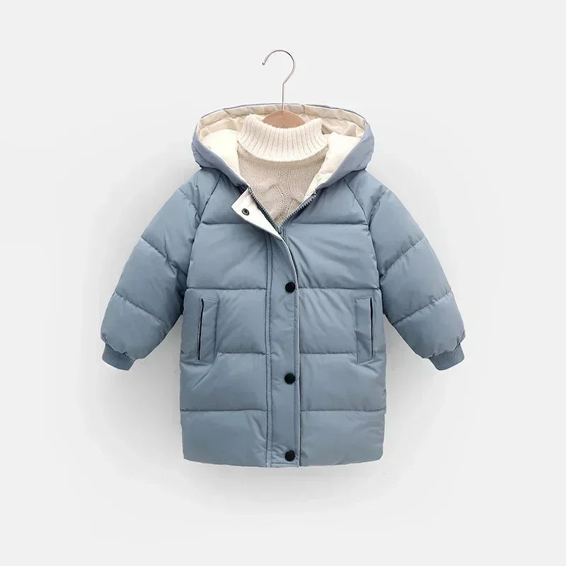 Children's hooded cotton jacket, medium length windproof jacket, warm, cold proof, solid color, winter, new fashionable down jac