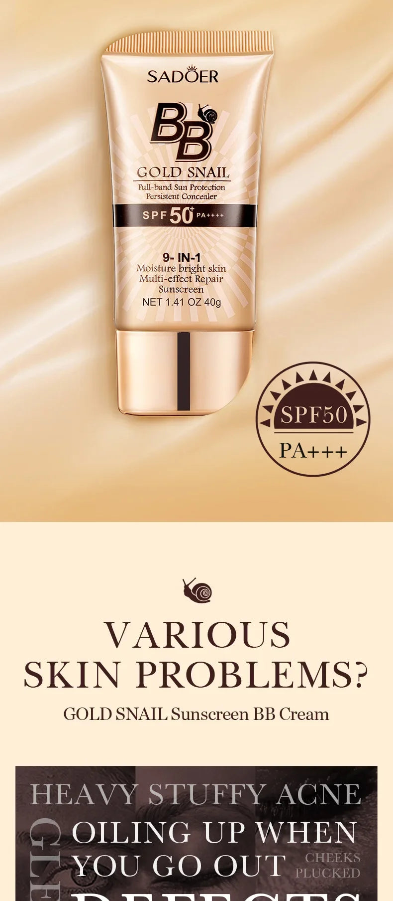 SPF50+ Gold Snail Sunscreen BB Cream Whitening Foundation Concealer Moisturizing Long Lasting Even Skin Tone Makeup Base Primer