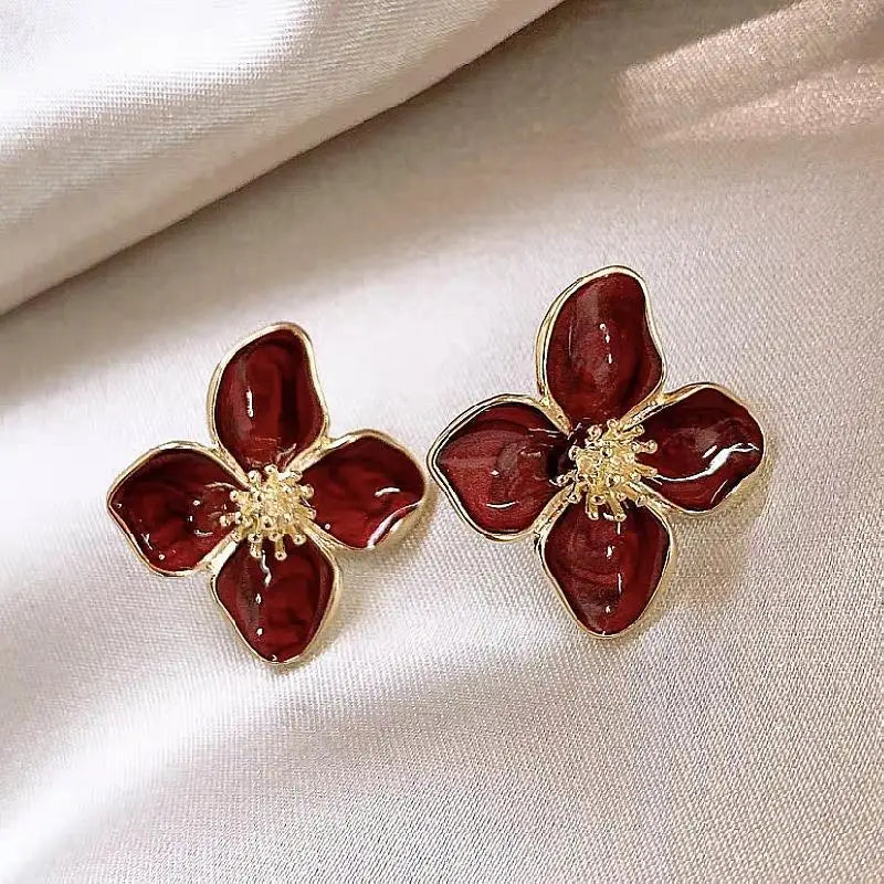 Bulbusbow Elegant Retro Drip Glaze Red Flower Earrings – Korean-Inspired Luxury Fashion for Weddings and Special Occasions