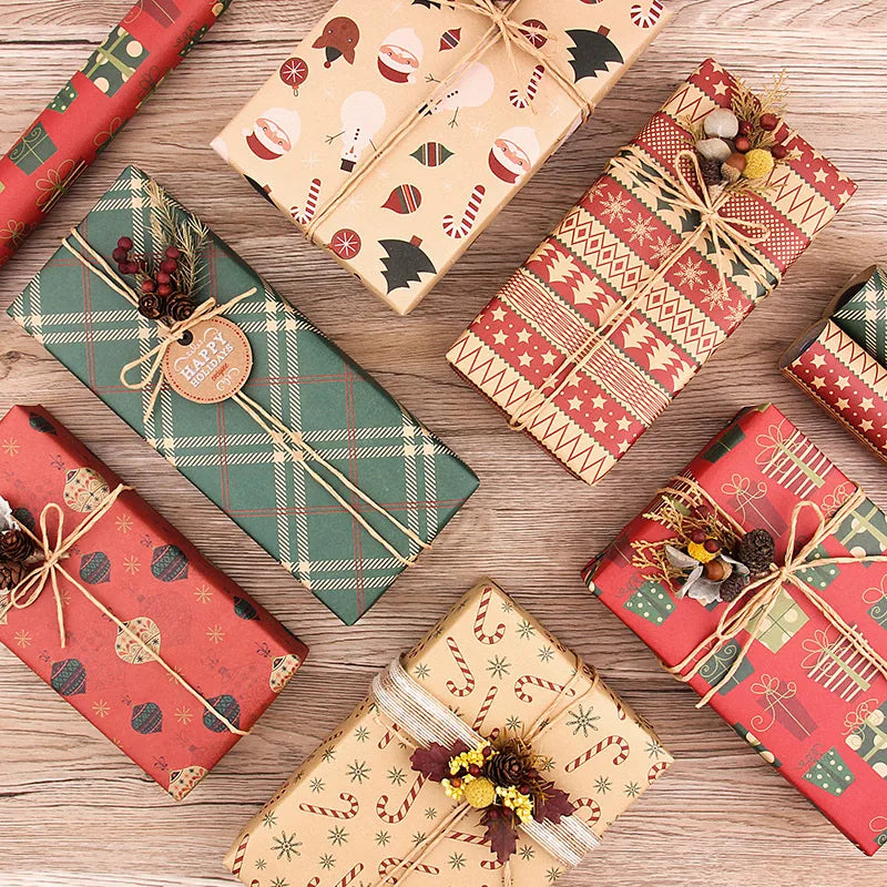 Christmas Kraft Wrapping Paper Checkered Xmas Tree Santa Claus Pattern Gift Packaging Party Christmas Diy Decoration Paperboard