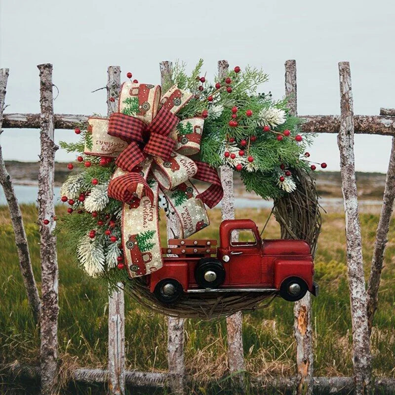 Artificial Christmas Wreath Plant Rattan Red Truck Rustic Fall Front Door Round Garland Simulation Berries Festive Home Decor