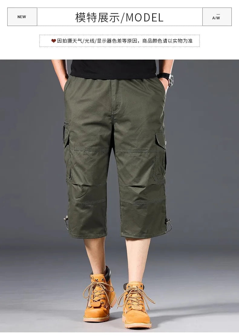 Summer Men's Cargo Shorts Loose Casual Below Knee Pants Elastic Waist Plus Size Outdoor Jogging Tactical Capri Pants