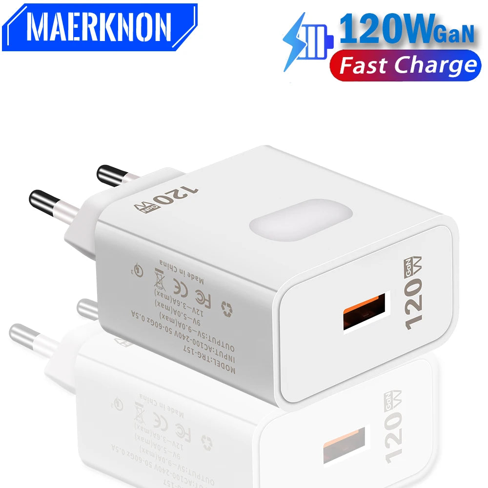 120W GaN 充电器 Quick Charge3.0 快速充电壁式电源适配器适用于三星 iPad 小米 iPhone 手机充电器欧盟/美国插头