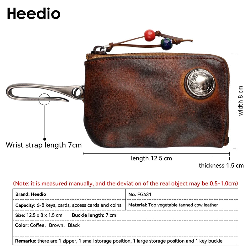 Vintage Cow Leather Coin Purse for Men Handmade Genuine Leather Change Pouch Key Holder Card Slot Storage Bag with Zipper