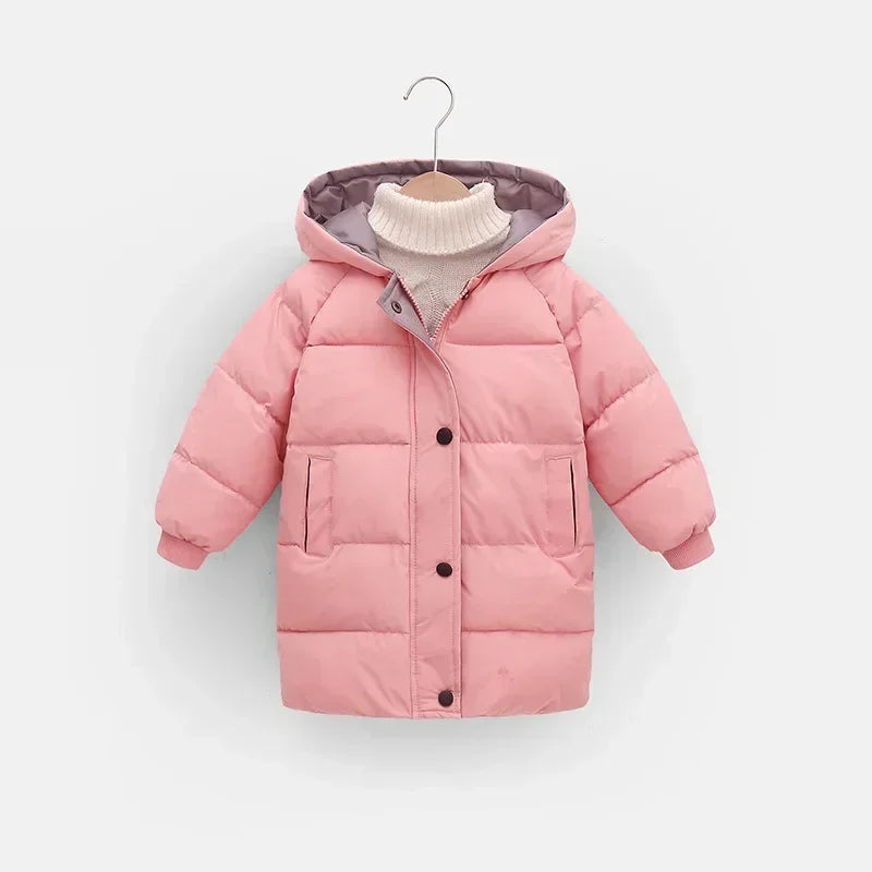 Children's hooded cotton jacket, medium length windproof jacket, warm, cold proof, solid color, winter, new fashionable down jac