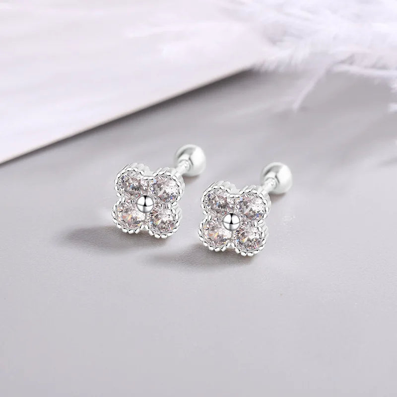 925 Sterling Silver Four Round Zircon Small Stud Earrings For Women Piercing Luxury Elegant High Fine Jewelry