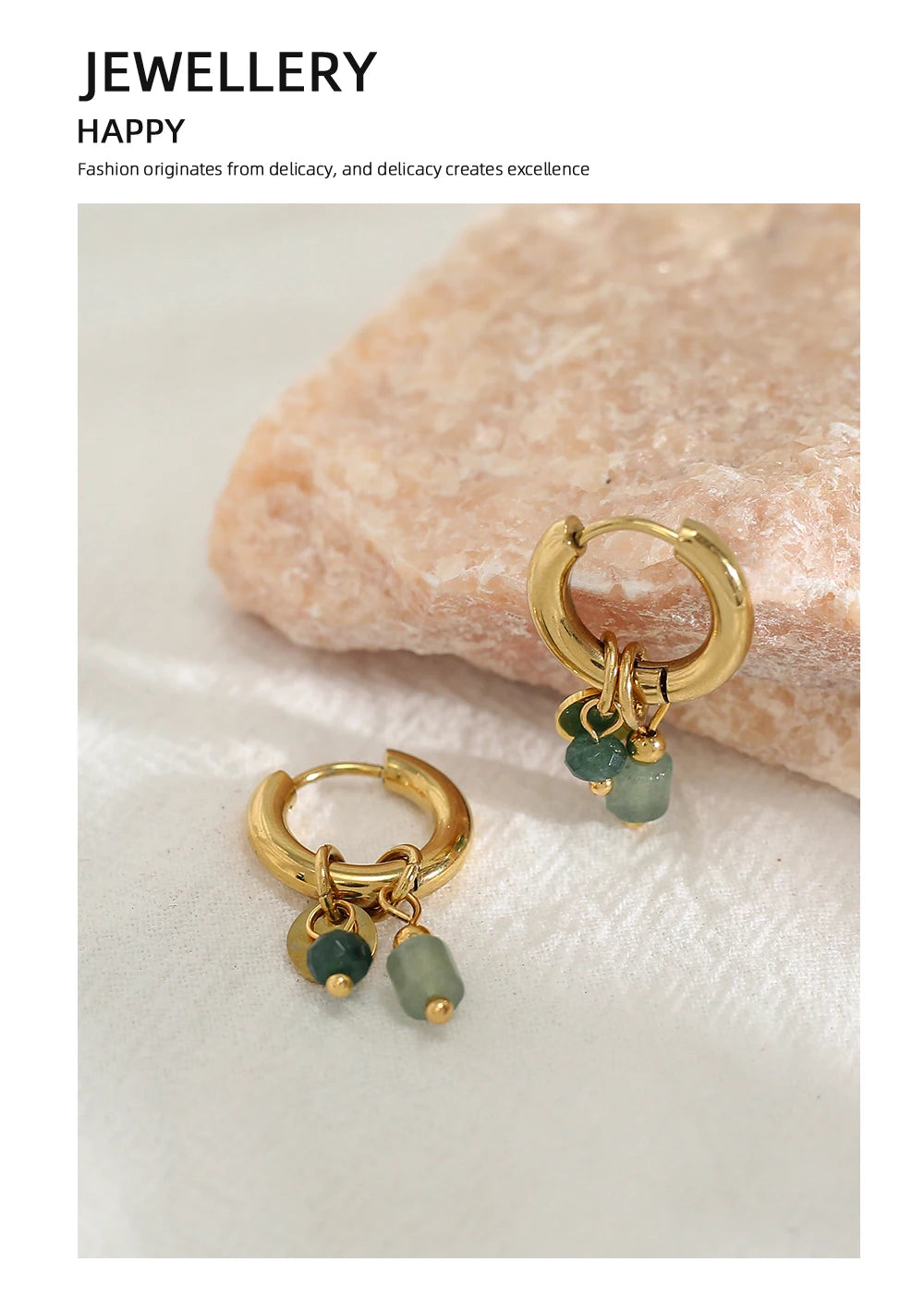 Bulbusbow 18K Gold Plated Stainless Steel Hoop Earrings | Vintage Green Natural Stone Charms