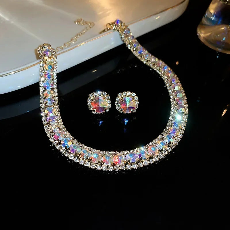 Luxury Crystal Necklace Earrings Set Pink ABcolourful Necklace for Women Weddings Party Jewelry Sets Accessories