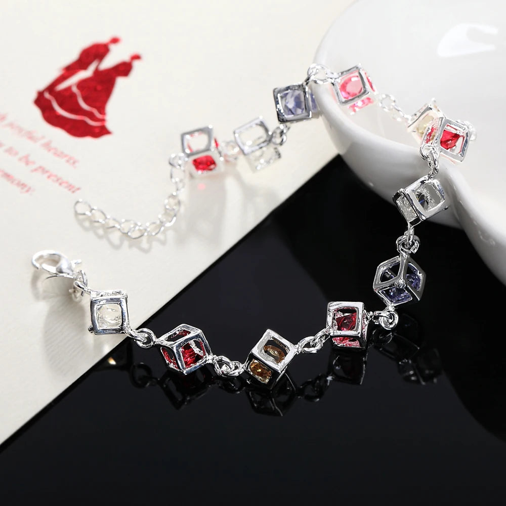 925 Sterling Silver Bracelets Women Lady Wedding Gift Jewelry Fashion Charm Colorful Zircon Crystal Bracelet Free Shipping