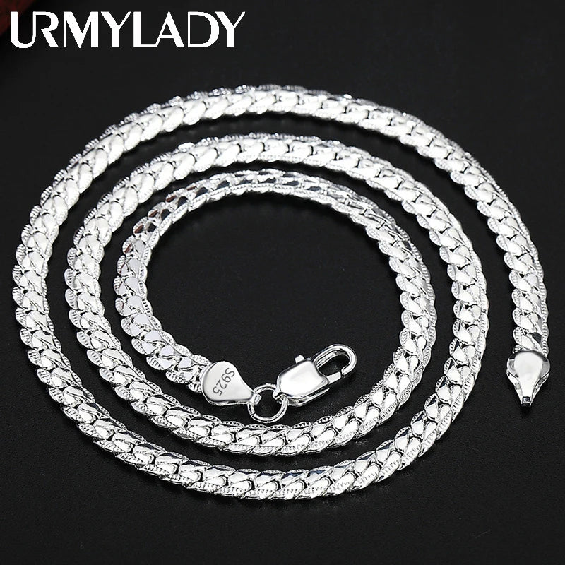 URMYLADY 925 Sterling Silver 2 Piece 6MM Full Sideways Chain Necklace Bracelet For Women Men Fashion Jewelry Sets Wedding Gift