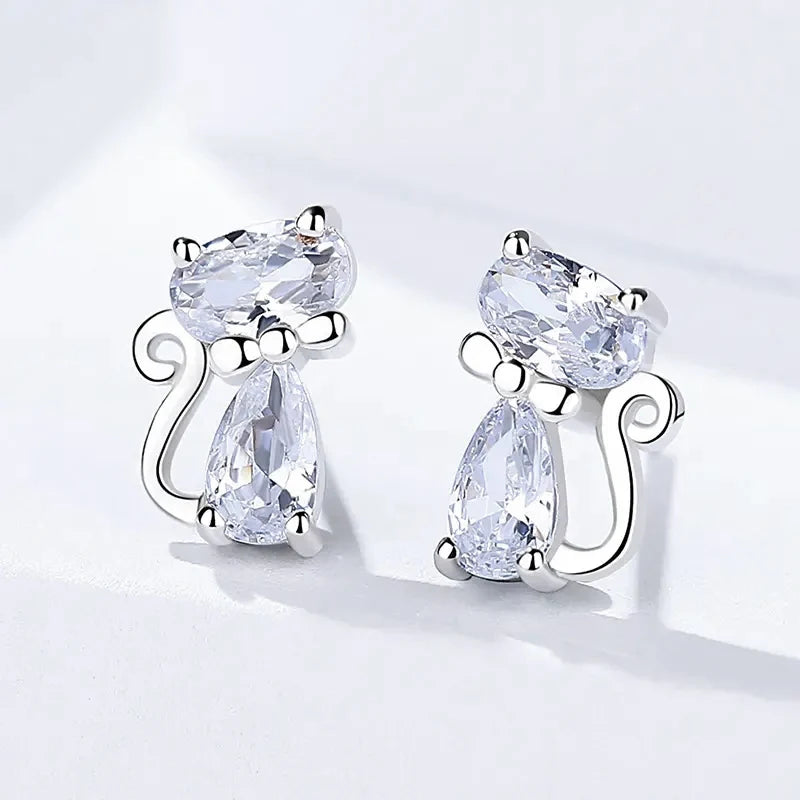 Huitan 925 Sterling Silver Cute Crystal Zircon Cat Stud Earrings for Women Simple Sweet Animals Accessories Daily Party Jewelry