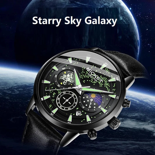 Disney For Mens Watch Mickey Mouse Galaxy Sky Dial Male Quartz Wristwatch Moon Phase Curved Arc Dialwindow Male New Reloj Hombre