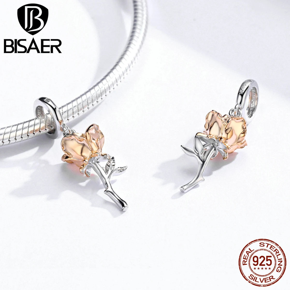 BISAER 925 Sterling Silver Rose Gold Charm Bead Heart Flower Pendant For Girl Bracelet DIY Mother's Day Birthday Fine Jewelry