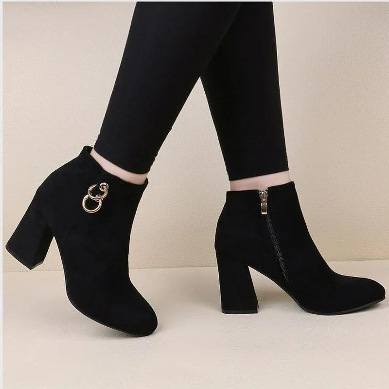 Retro Plush Warm Autumn Winter Women's Boot Vintage Block Heel Ankle Boots Zipper High Heels Women Shoes Big Sizes 43