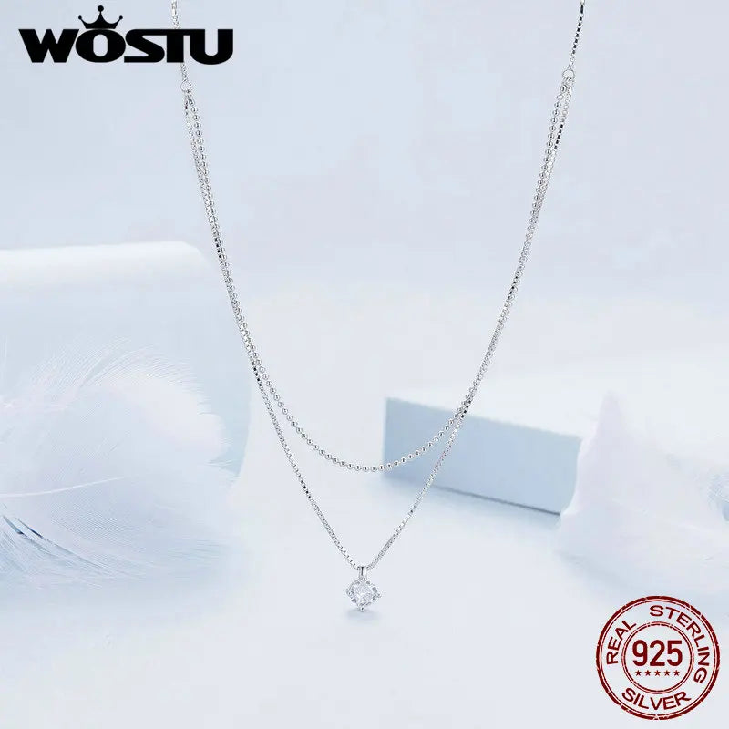 WOSTU 925 Sterling Silver CZ Double Layer Two in one Necklace For Women Beads Choker Box Chain Links Wedding Party Jewelry Gift