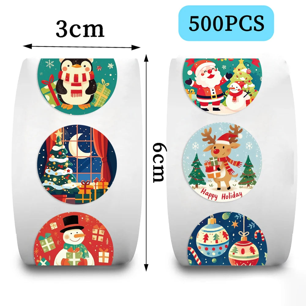 500PCS New Christmas Stickers Roll Small Children Stickers Cute Kawaii Cartoon Packaging Stickers Photocard Decor Lables for Kid