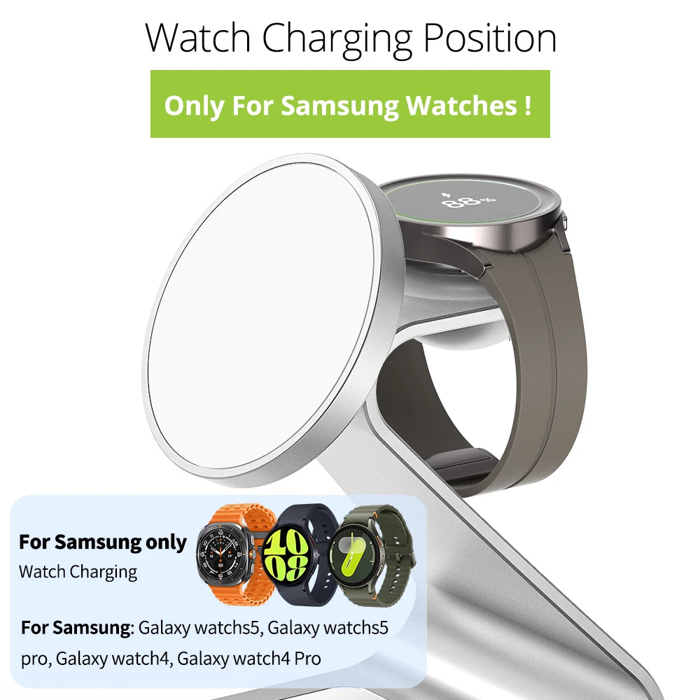 قاعدة شحن لاسلكية 3 في 1 مغناطيسية من Bonola لهاتف Samsung S24/S23 بقوة 25 وات مع حامل شحن سريع لساعة Galaxy Watch Ultra/7/6/5/Earbuds