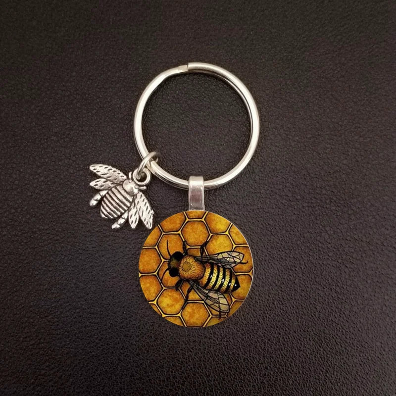 Bulbusbow Cute Insect Bee Keychain Fashion Geometric Honeycomb Honey Bee 3D Printed Glass Dome Key Ring Chain Bumble Bee Trinkets