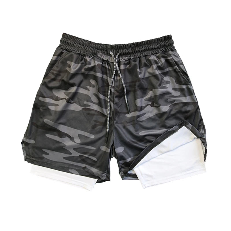 Men's Double Layer Fitness Shorts Drawstring Mesh Lining Elastic Waist Breathable Quick Dry to Beach Pool Summer Male