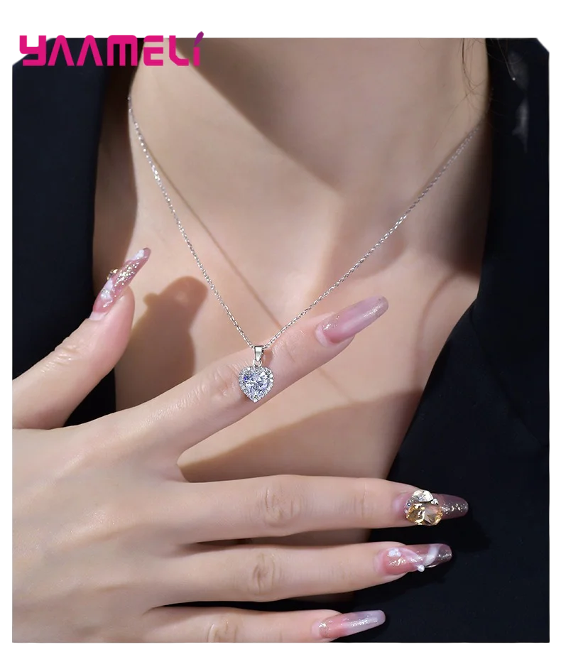 Romatic Birthday Valentines Day Gift Luxury 925 Sterling Silver Color Jewelry Sets Cubic Zircon Heart Ring Necklace Earrings