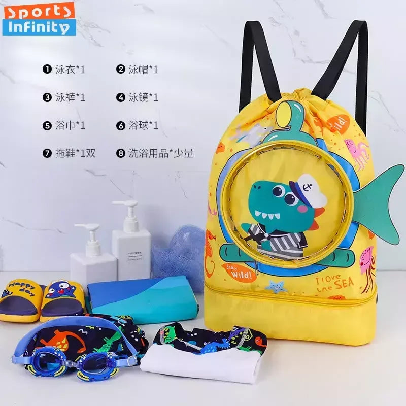 Childrens Cartoon Swimming Bag Waterproof Wet Dry Clothes with Shoes Goggles Storage Bags Pouch Backpack Swimming Accessories