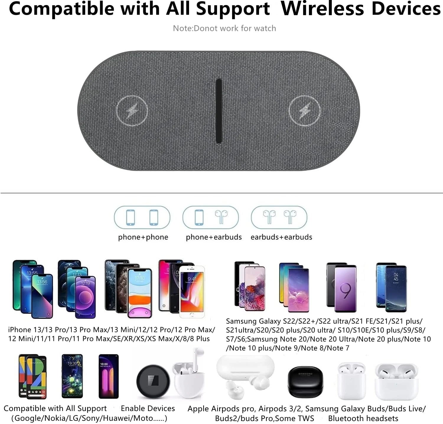 二合一双无线充电器 40W 适用于 iPhone 15 14 13 12 11 XS XR X 8 Airpods 3 Pro 三星 S23 S22 S21 双快速充电板