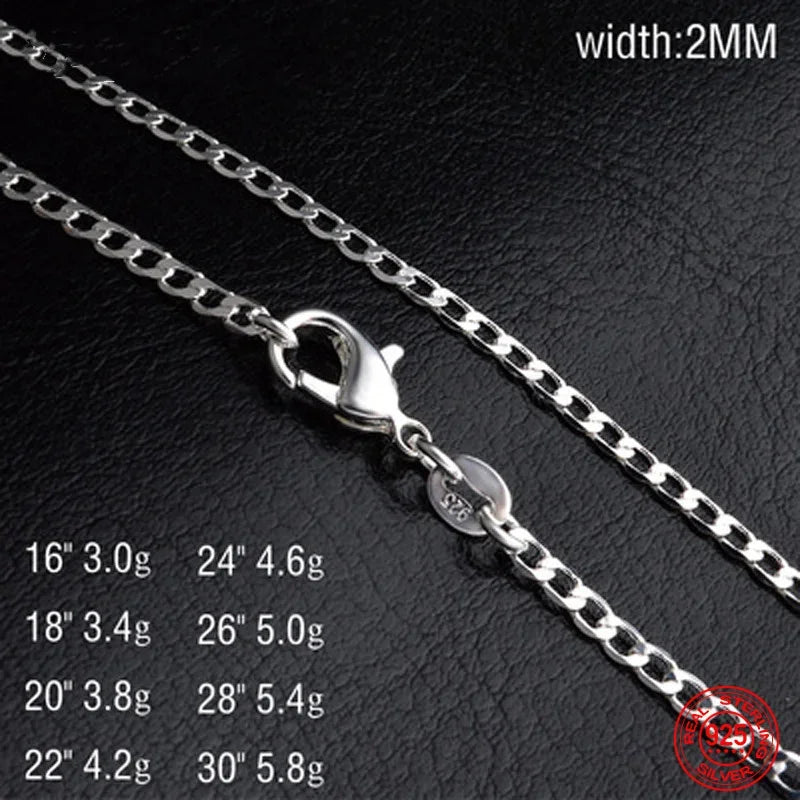 925 Sterling Silver 2MM Flat Necklace Chain For Women Men Fashion Wedding Party Jewelry Gift