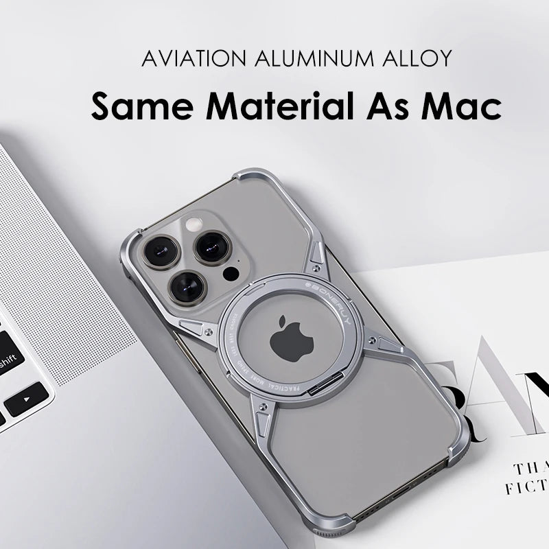 Aluminum Alloy Magnetic MagSafe Stand Phone Case For iPhone 14 13 15 16 Pro Max 16Pro Metal Hollow Rimless Bumper Cover Funda