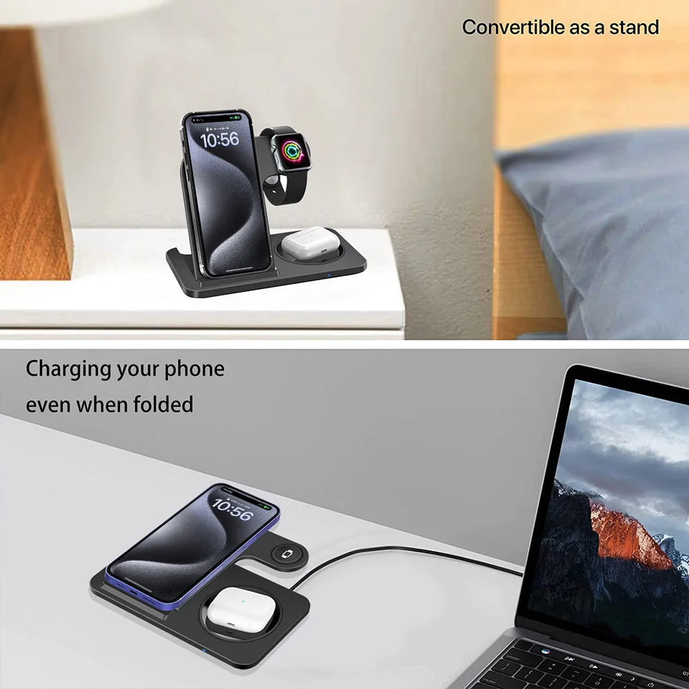 3 in 1 Foldable Wireless Charger Stand for iPhone 15 14 13 12 11 Apple Watch 9 8 7 Airpods Pro 2 3 Fast Charging Dock Station