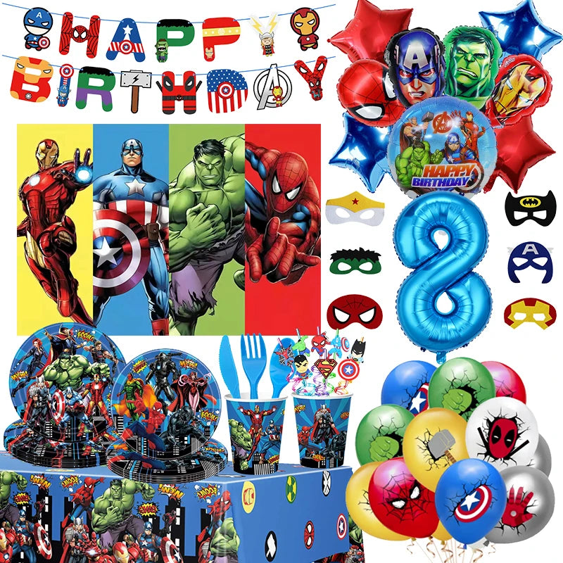 New Marvel Birthday Party Decorations Boy Avengers Theme SuperHero Balloons Deco Tableware Set Backdrop Happy Supplies For Kids