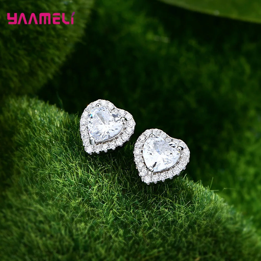 Romatic Birthday Valentines Day Gift Luxury 925 Sterling Silver Color Jewelry Sets Cubic Zircon Heart Ring Necklace Earrings