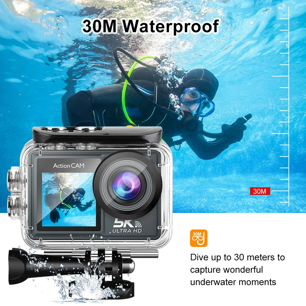 5K 4K60FPS Action Camera Dual IPS Touch LCD DVR EIS 170° 30M Waterproof 5X Zoom Sport Camera With Wireless Mic & Remote Control