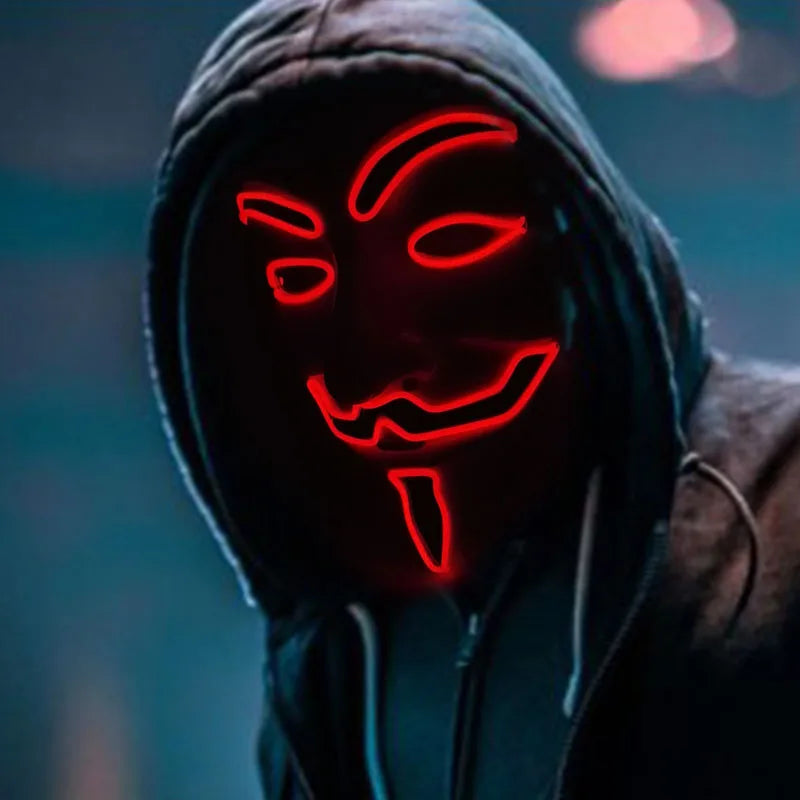 قناع LED Hacker V Vendetta الساخن لعام 2024 للبالغين قناع LED مضيء مضيء لحفلات التوهج إكسسوارات قناع الهالوين ديكور