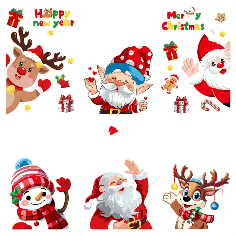 Merry Christmas 2024 Window Decoration Stickers Electrostatic Glass Decals Santa Claus Snowman Snow Flake Pattern Xmas Ornaments