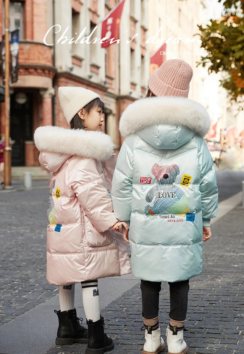 RAISE Korean Winter Kid Girl Down Jacket Colorful Bear Print Waterproof Thicken Baby Girl Outerwear 5-14 Year Junior Girl Parkas