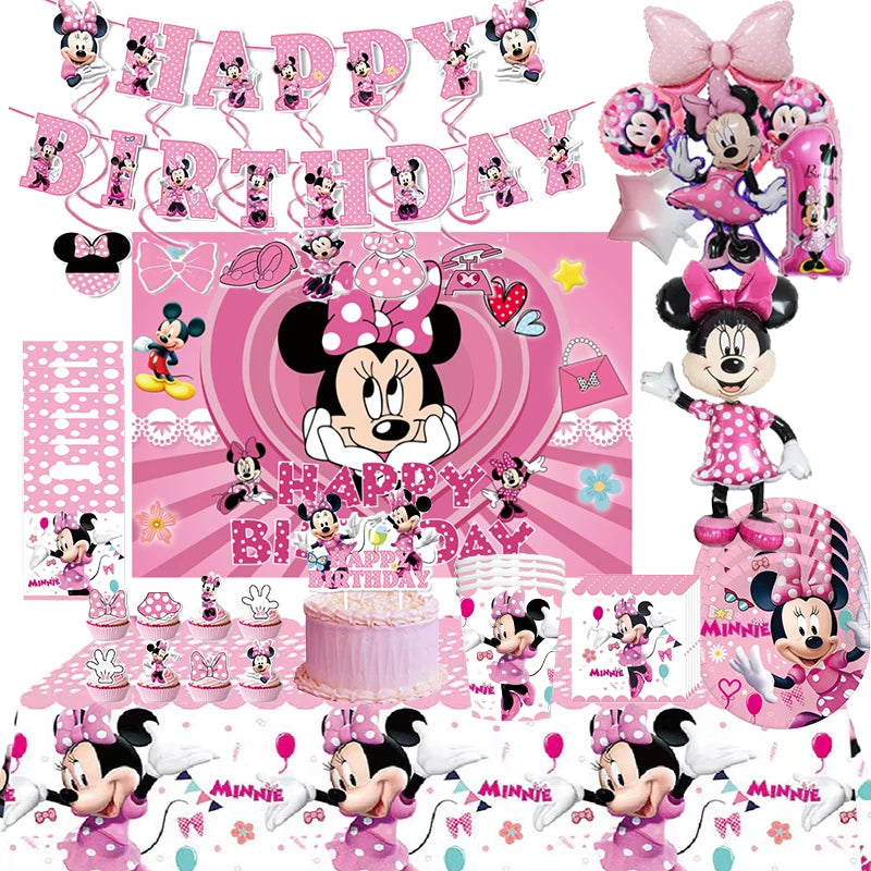 Disney Minnie Mouse Birthday Party Decoration Princess Girl's Party Supplies MInnie Mouse Tableware Balloon Banner  Paper Cup