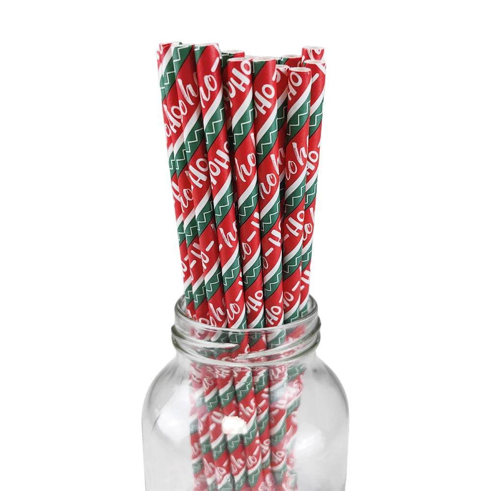 25/50/100pcs Christmas Party Favors Paper Straw Christmas Tree Elk Snowflakes Party Biodegradable Drinking Stripe Straw for Xmas