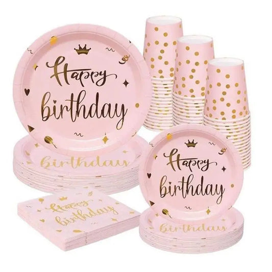 Rose Gold Birthday Decoration Kit Girls Paper Plates Cups Napinks Tablecloth Background Balloons Tableware Supplies Deco Set Kid