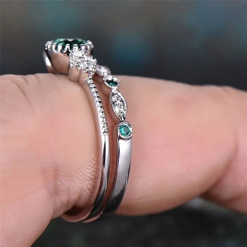 925 Sterling Silver Ring Set with Emerald Zircon Crystals for Women Engagement Wedding Glamour Jewelry Gifts