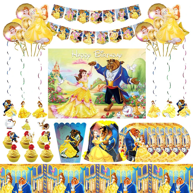 Disney Beauty And The Beast Birthday Party Decoration Kit Supplies Set Girl Tableware Paper Cups Plates Tablecloth Balloons Deco