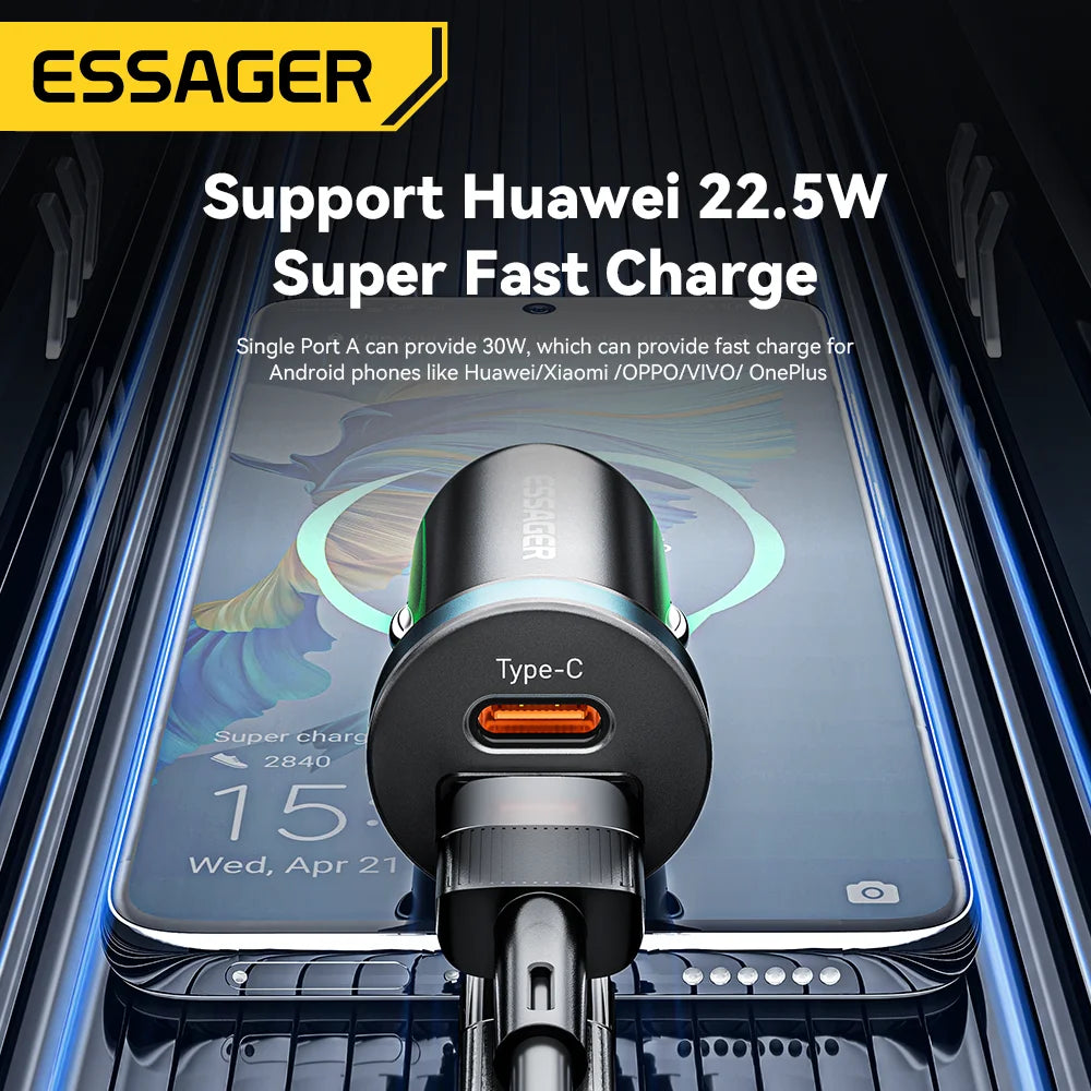 شاحن سيارة Essager 30 وات USB C شاحن سريع من النوع C PD QC 3.0 SCP 5A شحن سريع لشحن الهاتف في السيارة لهاتف iPhone وXiaomi وSamsung