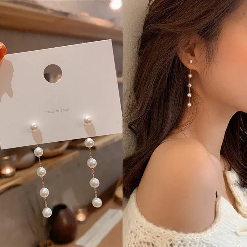 Bulbusbow 2024 Trend Simulation Pearl Long Earrings – Elegant Flower Rhinestone Wedding Pendant Drop Earrings for Women | Classic and Stylish Korean Jewelry