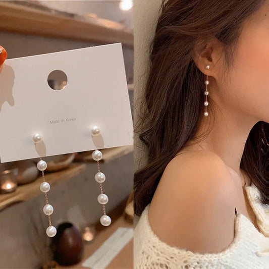 Bulbusbow 2024 New Trend Simulation Pearl Long Earrings for Women – Elegant Flower Rhinestone Wedding Pendant Drop Earrings | Fashion Korean Jewelry | Classic Ball Design